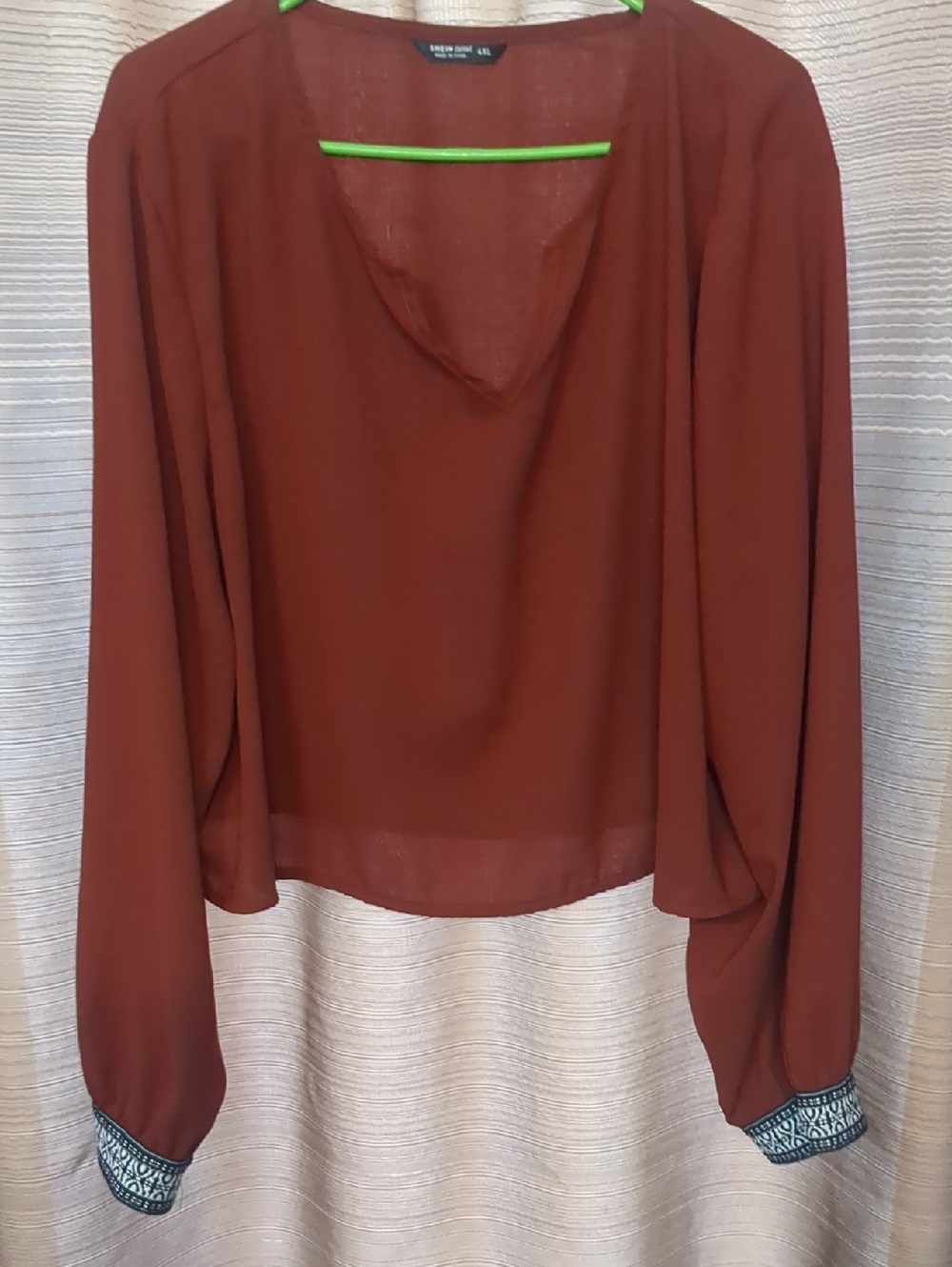 SHEIN Rust Long-Sleeve Sheer Blouse with Embroidered Cuffs